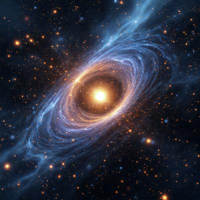The primary subject of the image is a large, brightly lit, and colorful nebula. The setting is a dark, star-filled sky, with the nebula being the main focus of the image. The visual style is a combination of a photo and digital art, creating a vibrant and captivating scene. The colors and mood of the image are predominantly blue and orange, with the blue hues representing the vastness of space and the orange hues representing the warmth and energy of the ne